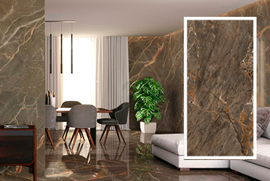 IRISH BROWN PIEDRA SINTERIZADA Comedor con piedra sinterizada en pisos y paredes cafpe con vetas doradas y blancas, con comedor y sillas grises