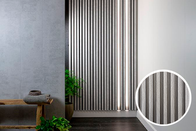 Look-alamo-panales-ranurados Panel ranurado gris en pared con luz led y pared gris