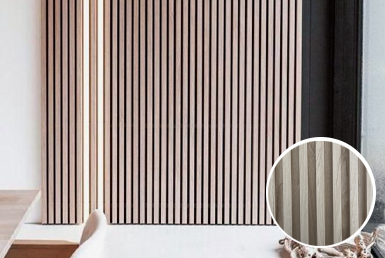 LOOK AVELLANA Paneles ranurados en pared color beige y con iluminación led