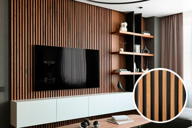 LOOK CAOBA- Paneles-Ranurados Paneles ranurados en pared con televisor negro , paredes decorativas