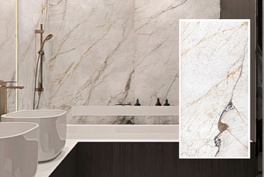 PIEDRA SINTERIZADA Baño con lavamanos blanco y con pared blanco con vetas de marmol