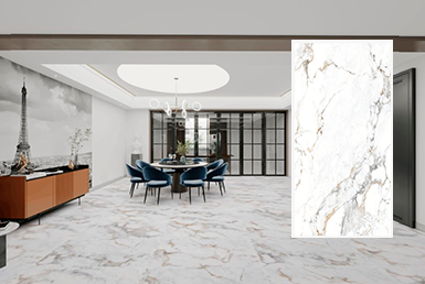 Iconic-Marvel-porcelanato-comedor Comedor con piso de cerámica tipo mármol formato grande. Con varias sillas azules y paredes blancas