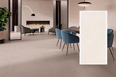 LAUREN CREMA PORCELANATO Comedor con piso de 80x80cm y asientos azules, en conjunto de una pieza color gris