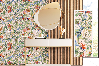 Pared con porcelanato decorativo de flores, y con pared de panle ranurado beige, con espejos decorativos redondos.