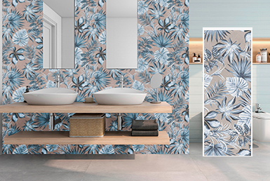 Porcelanato decorativo de baño, con lavamanos blanco y meson de cocina de piedra sinterizada.