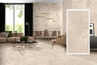 Status-beige-60x120cm-porcelanato Sala con paredes y pisos color beige con vetas blancas de porcelanato formato grande. Con asientos beige