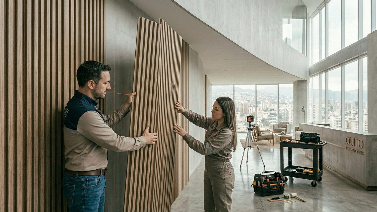 Alineación profesional en instalación de panel ranurado Instalación de panel ranurado iniciando desde esquina recta con líneas perfectamente alineadas y continuidad visual.