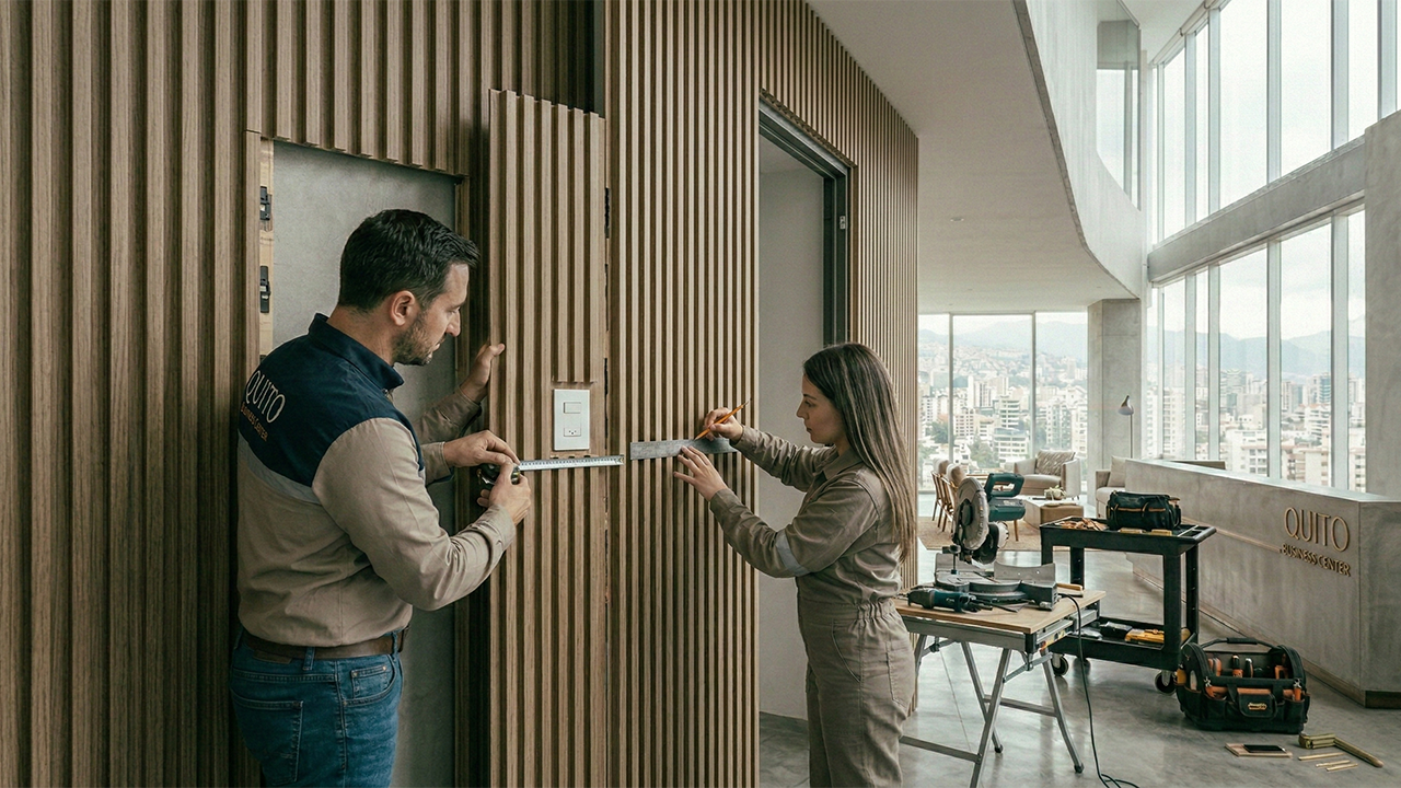 Corte de precisión en panel ranurado alrededor de enchufes y marcos Instalación de panel ranurado con corte preciso alrededor de toma eléctrica y marco de puerta.