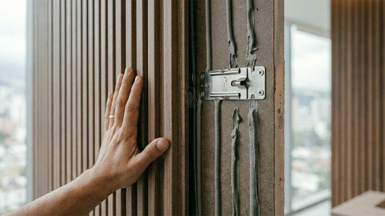 Detalle técnico de fijación en panel ranurado de interior Primer plano de instalación de panel ranurado mostrando adhesivo y clips metálicos de fijación.