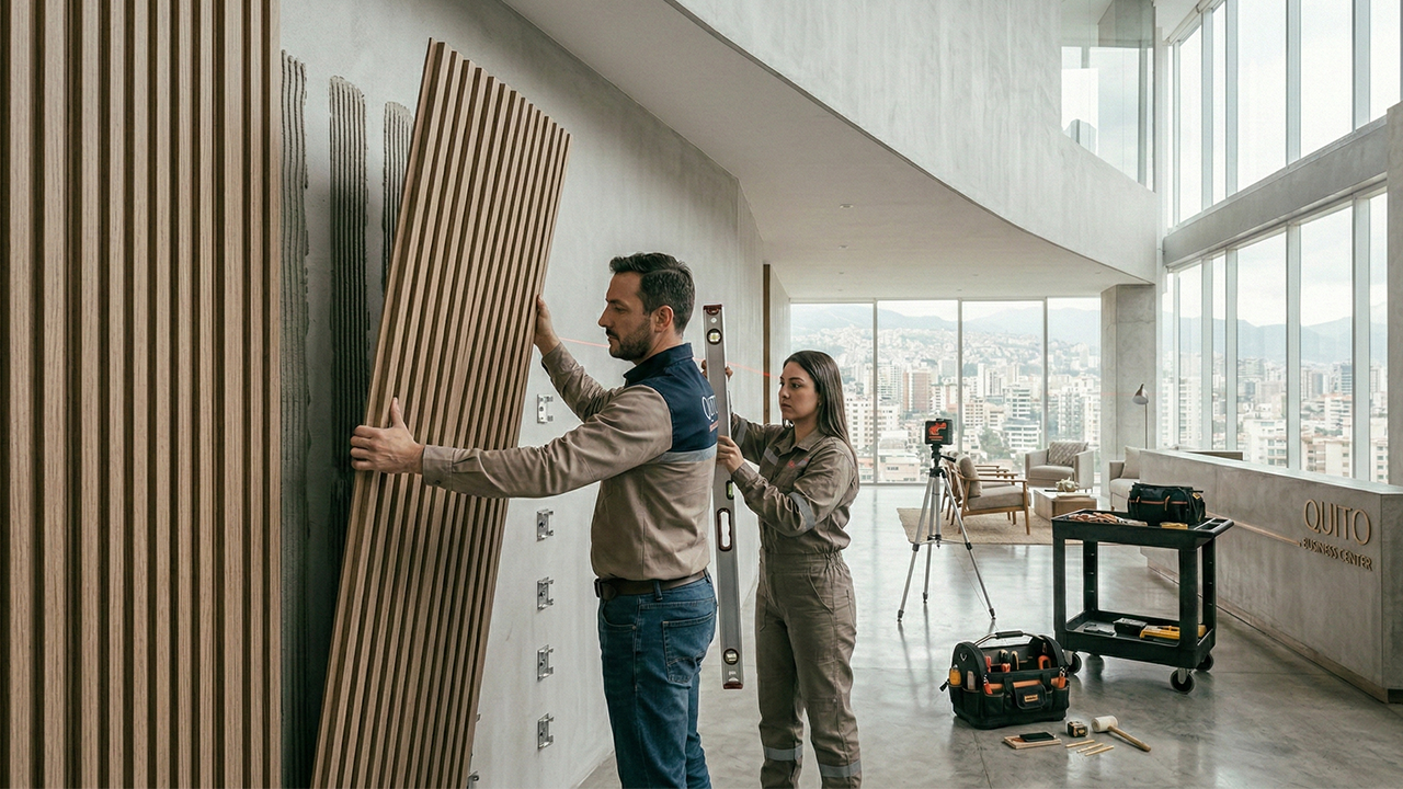 Fijación mecánica y adhesiva para panel ranurado WPC Instalación de panel ranurado WPC con clavo líquido aplicado en cordones verticales y clips de acero cada 50 cm.