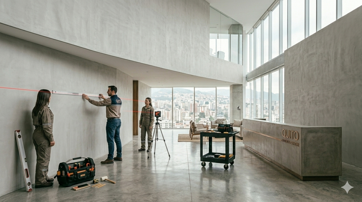 Superficie limpia y nivelada para instalar panel ranurado de interior Muro interior limpio, seco y nivelado preparado para instalación de panel ranurado con nivel láser proyectado.