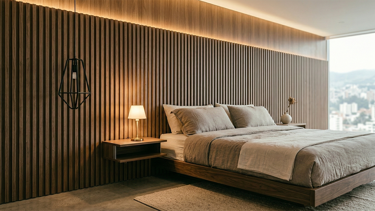 Panel ranurado como cabecero en dormitorio contemporáneo Panel ranurado instalado como cabecero decorativo en dormitorio moderno con iluminación cálida.