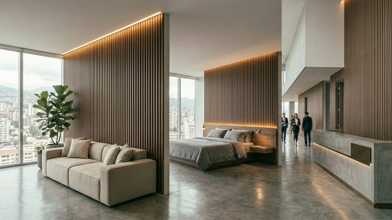 Panel ranurado decorativo en espacios residenciales y comerciales modernos Panel ranurado de interior aplicado en sala, cabecera de dormitorio y recepción corporativa con diseño contemporáneo.