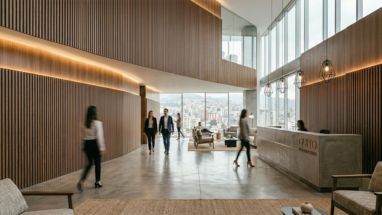 Panel ranurado en lobby corporativo moderno Lobby corporativo moderno con panel ranurado de interior instalado en muro principal.