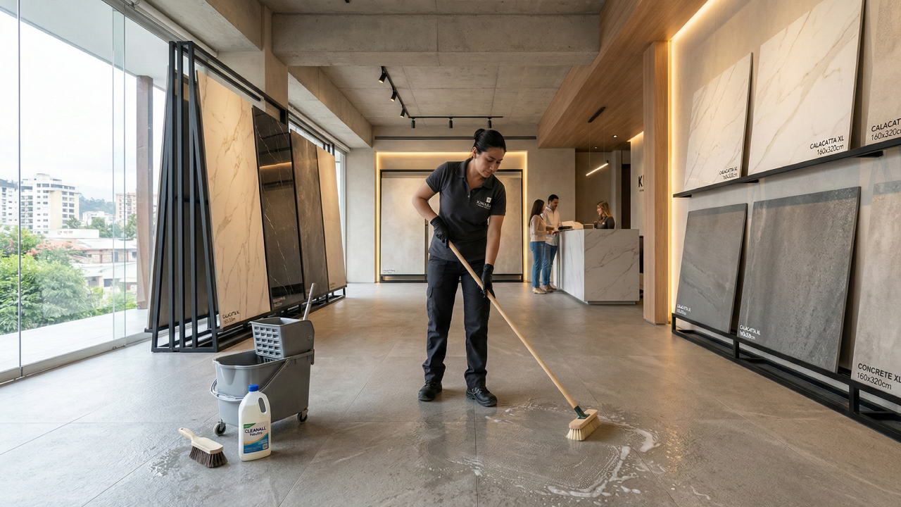 Cómo limpiar porcelanato correctamente con trapeador de microfibra y detergente neutro en piso moderno