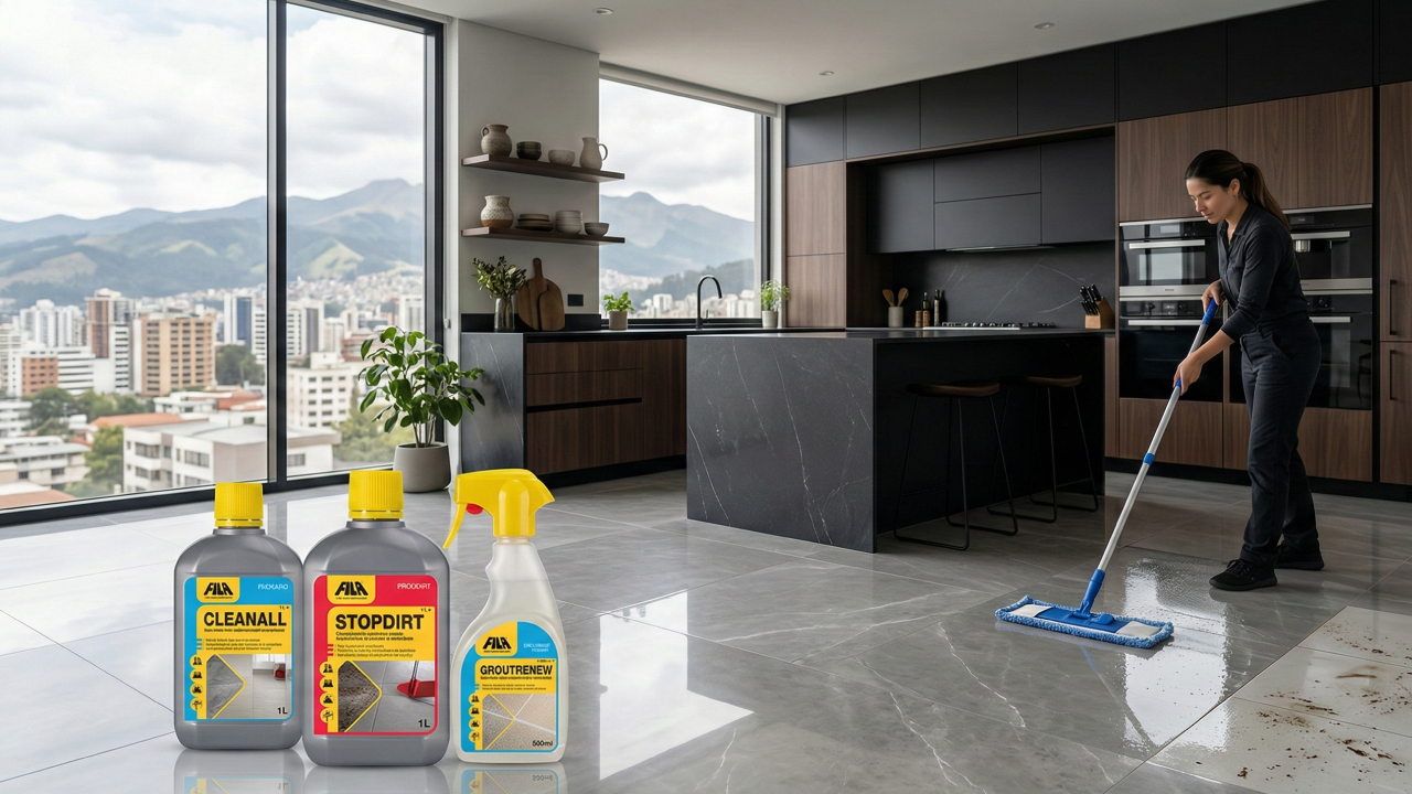 Productos FILA recomendados por Kinara para limpiar porcelanato correctamente y proteger su superficie