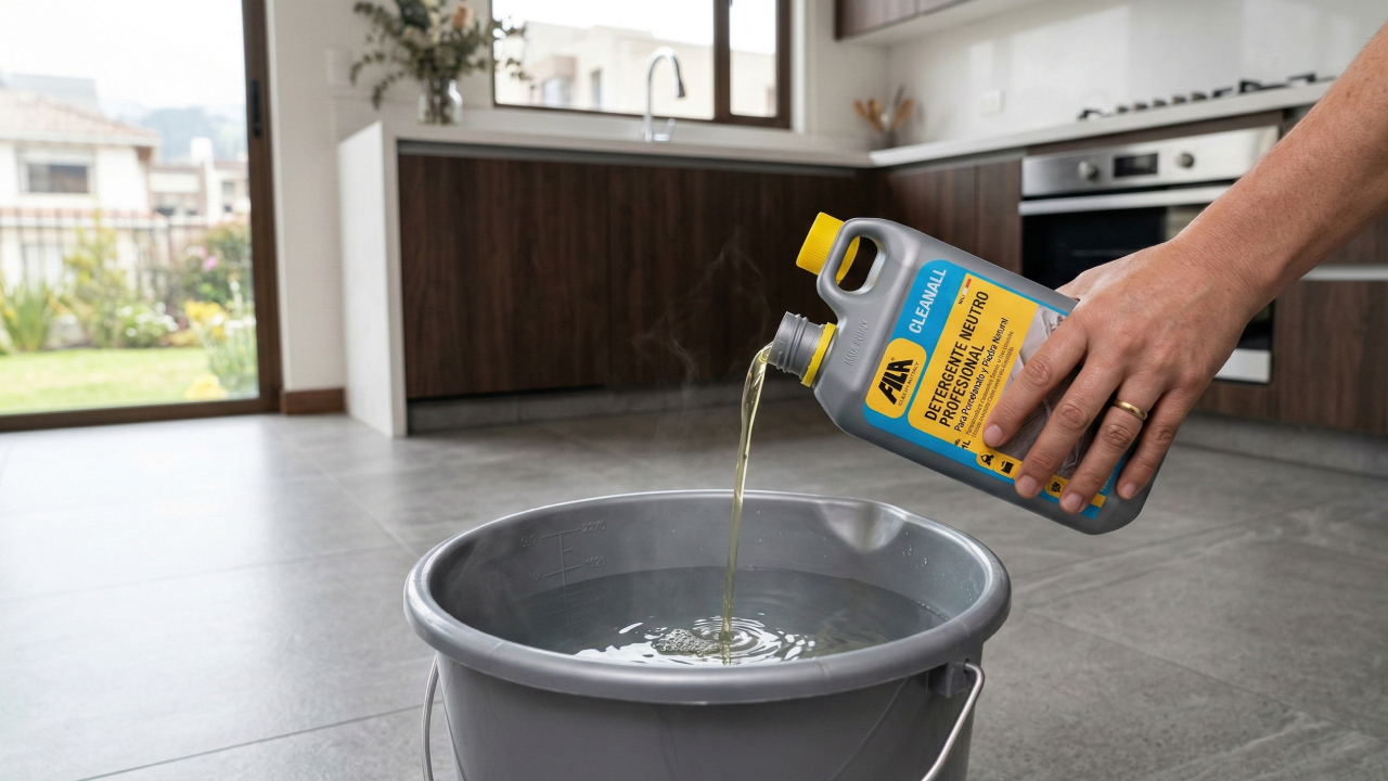 Preparar solución con detergente neutro FILA CLEANALL para limpiar porcelanato correctamente sin dañarlo