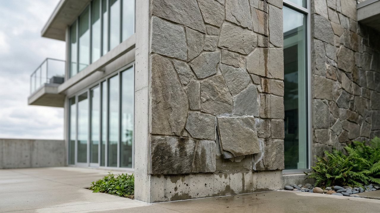 Humedad constante y filtraciones que provocan desprendimiento progresivo de piedra decorativa en fachada exterior