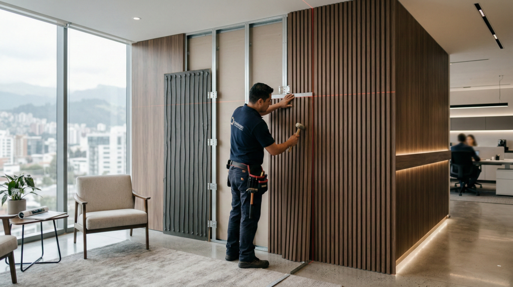 Instalación de panel ranurado de interior en muro moderno con sistema de fijación profesional