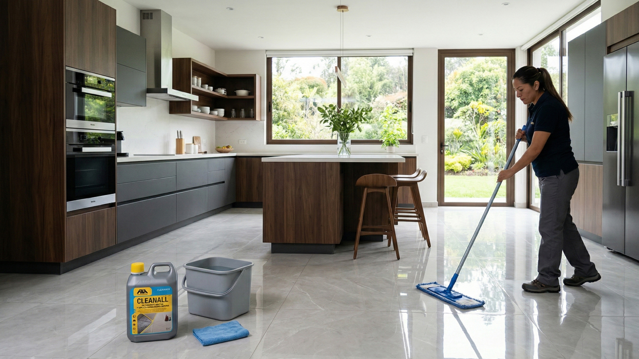 Limpieza diaria de porcelanato con detergente neutro FILA CLEANALL sin afectar brillo ni textura