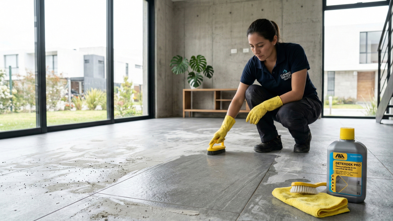 Limpieza post instalación de porcelanato con FILA DETERDEK para eliminar restos de cemento