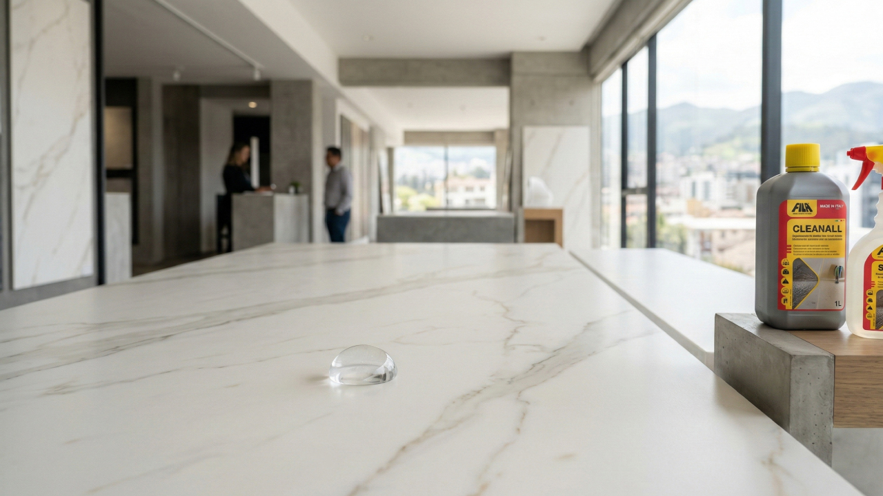 Porcelanato de alta calidad y baja porosidad que facilita la limpieza y el mantenimiento diario