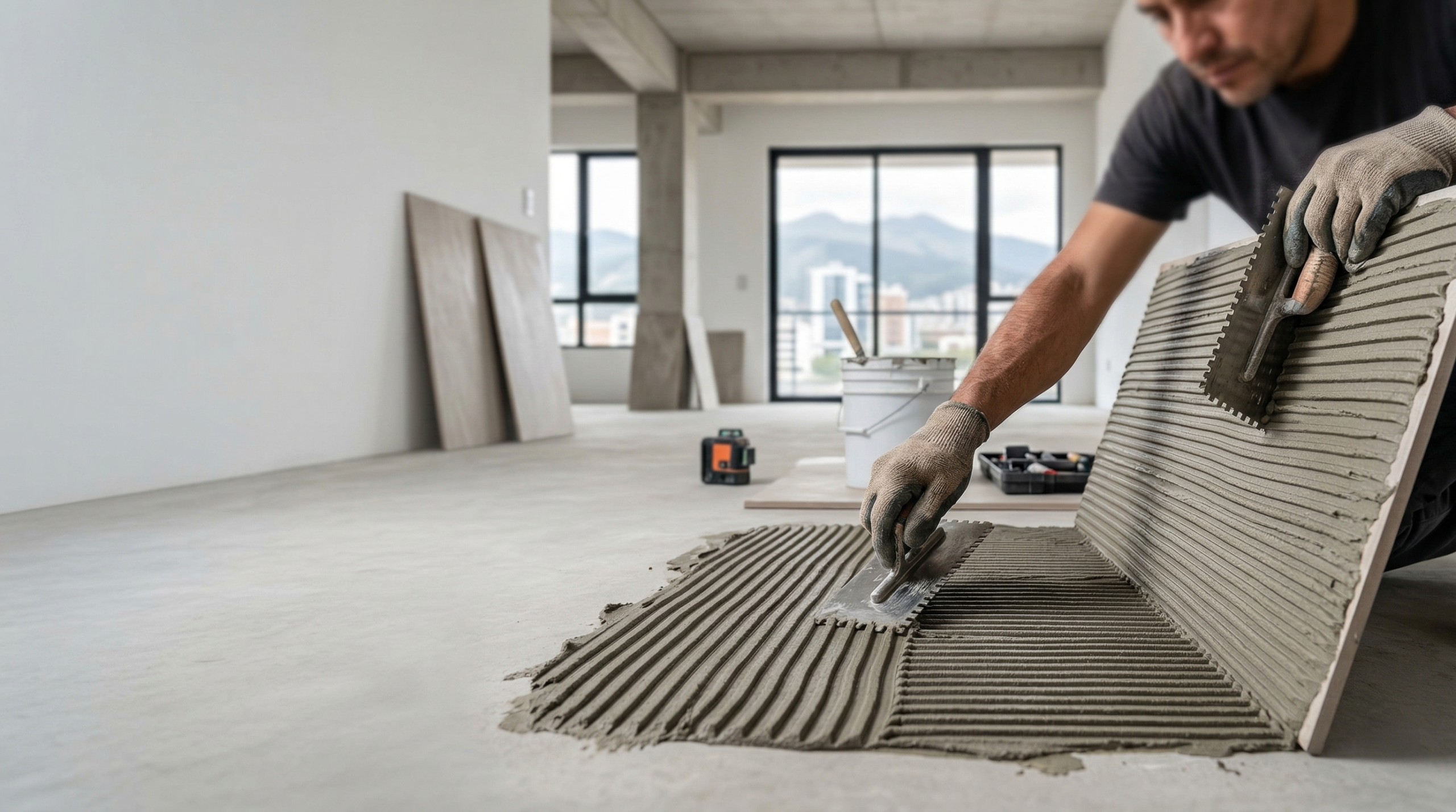 Aplicación de doble encolado en instalación de porcelanato