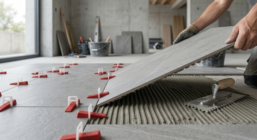 Maestro instalando porcelanato con llana dentada y sistema de nivelación con clips y cuñas en piso interior moderno