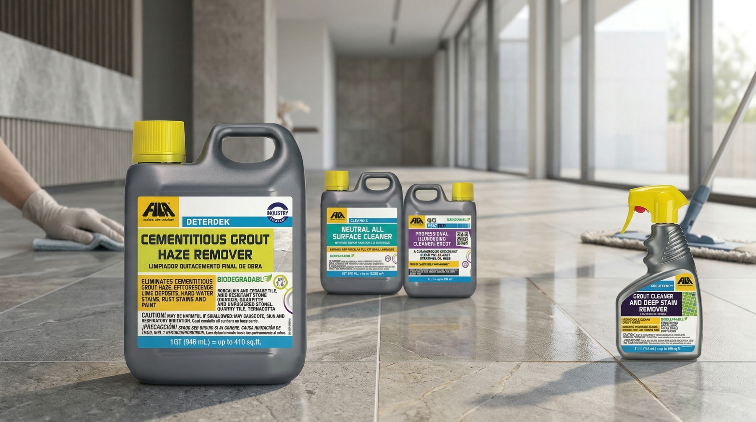 Limpieza profesional de porcelanato con productos especializados FILA Productos FILA para limpieza de porcelanato en obra y mantenimiento mostrando Deterdek Pro como solución principal