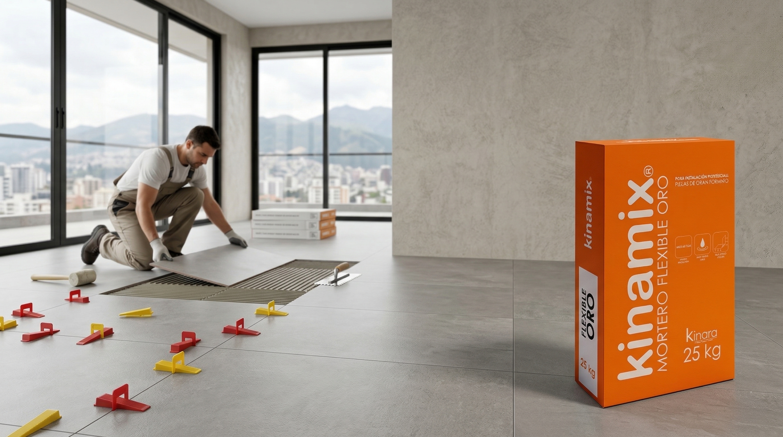 Mortero flexible Kinamix Oro para instalación profesional de porcelanato Saco de mortero flexible Kinamix Oro de 25 kg en instalación de porcelanato en espacio interior moderno