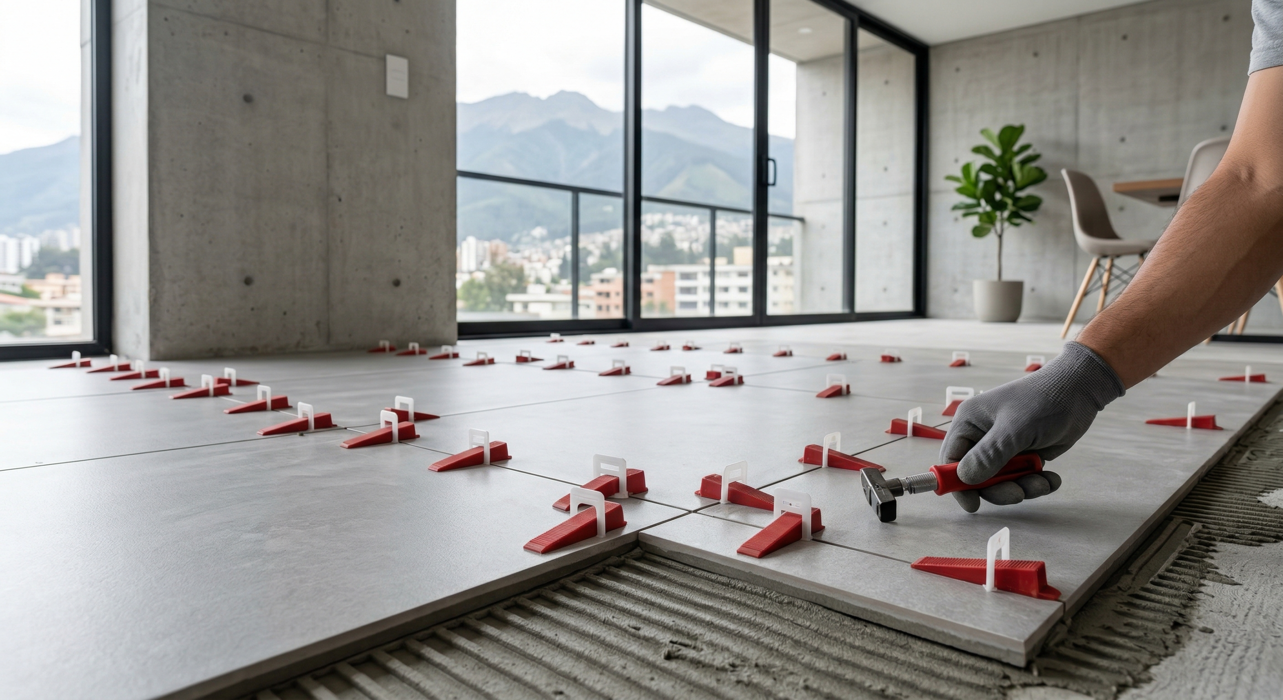 Nivelación de porcelanato con sistema de clips y cuñas Sistema de nivelación con clips y cuñas alineando piezas de porcelanato en piso interior moderno