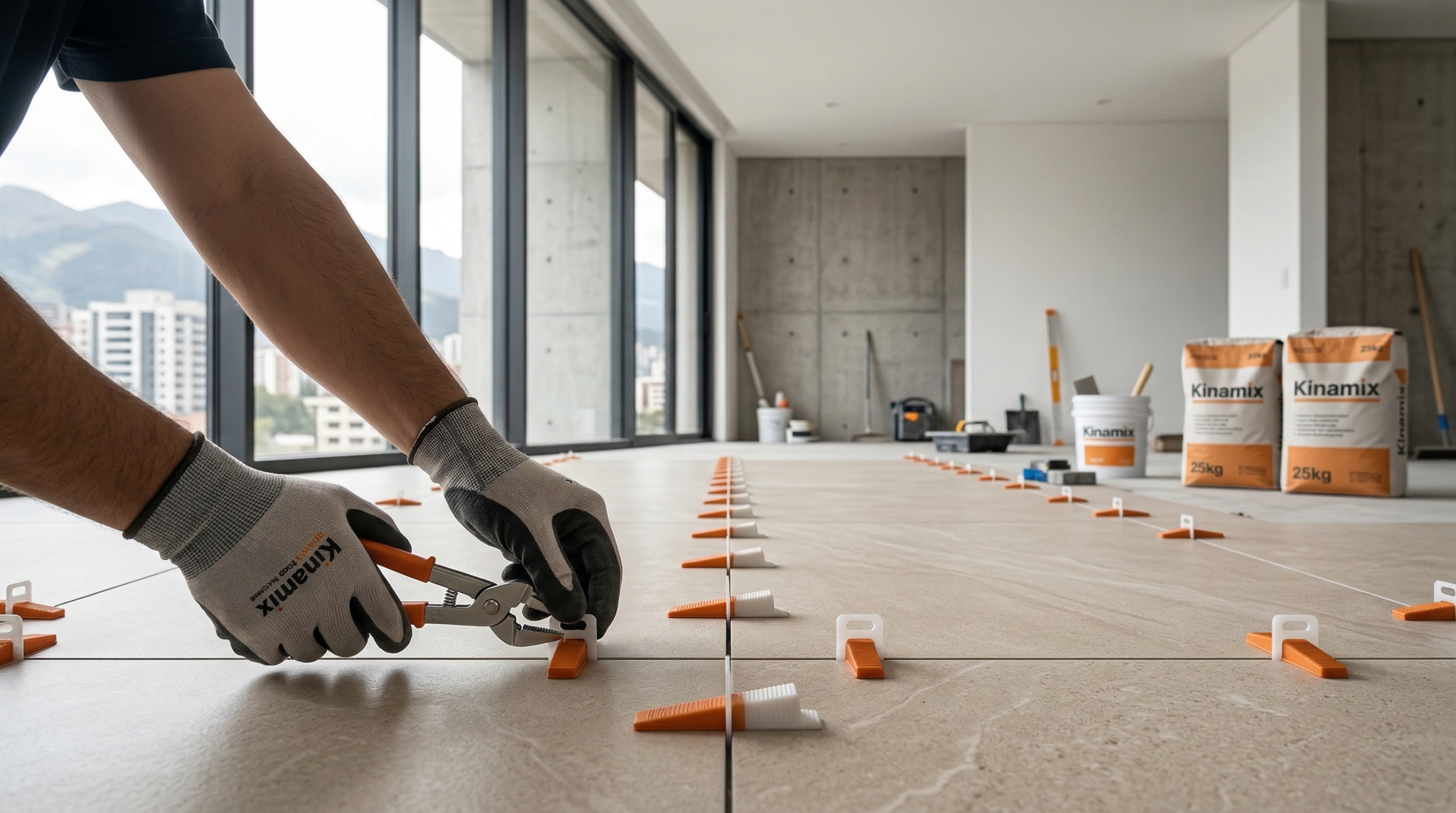 Nivelación y alineación precisa de porcelanato con clips y cuñas Sistema de nivelación con clips y cuñas alineando piezas de porcelanato sin desniveles en piso interior moderno