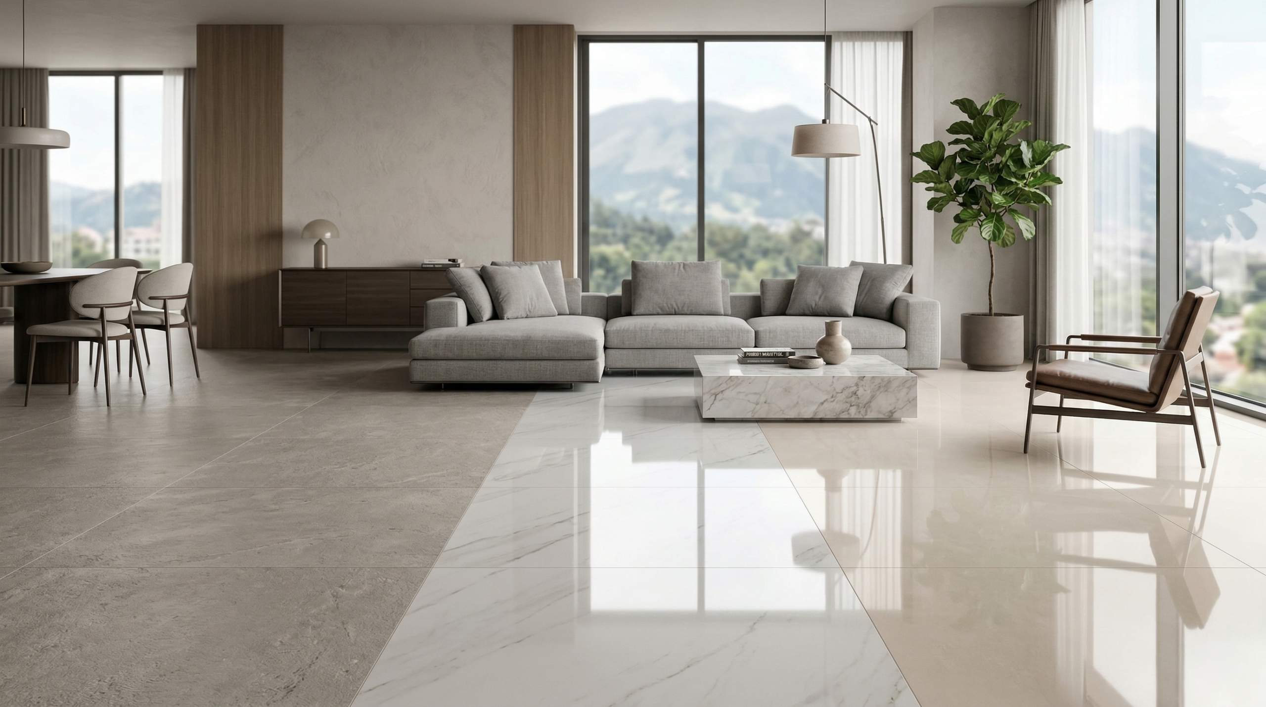 Porcelanato mate, pulido y brilloso en diseño interior moderno Comparación de porcelanato mate, pulido y brilloso en piso moderno con acabados diferenciados y ambiente elegante