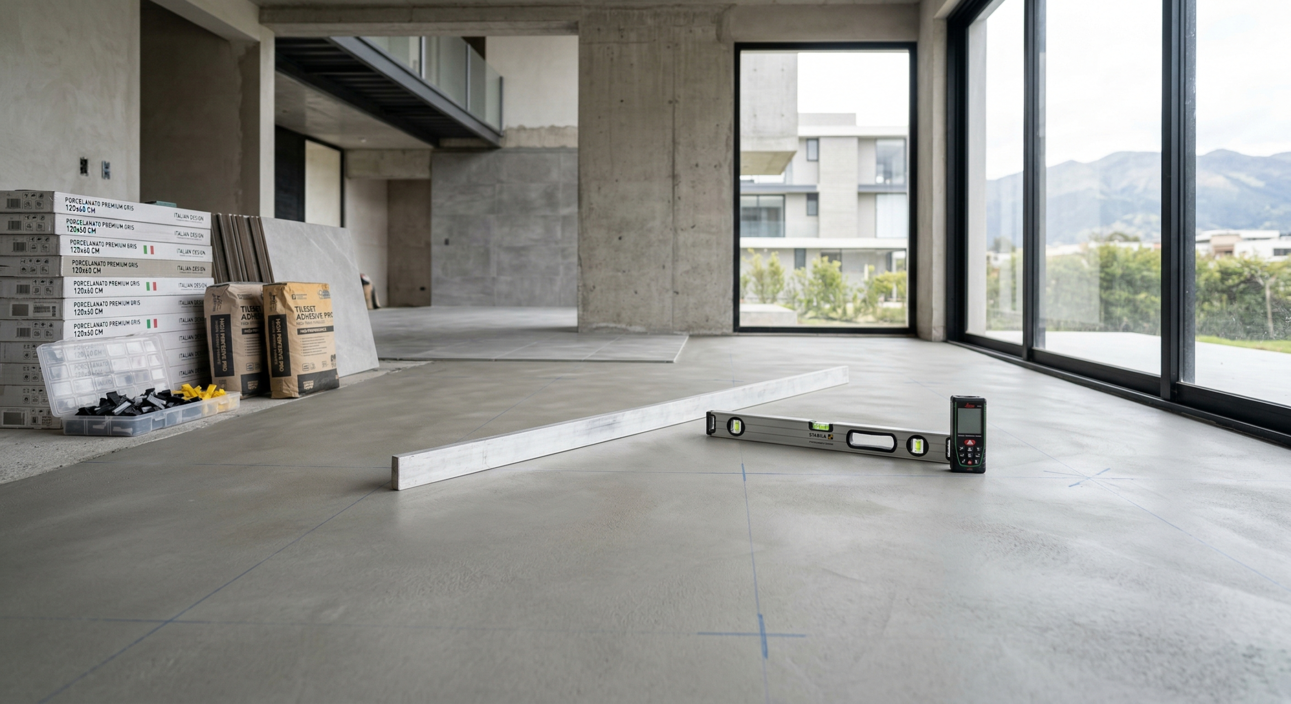 Preparación de superficie antes de instalar porcelanato Superficie nivelada, limpia y lista para instalación de porcelanato en obra interior moderna