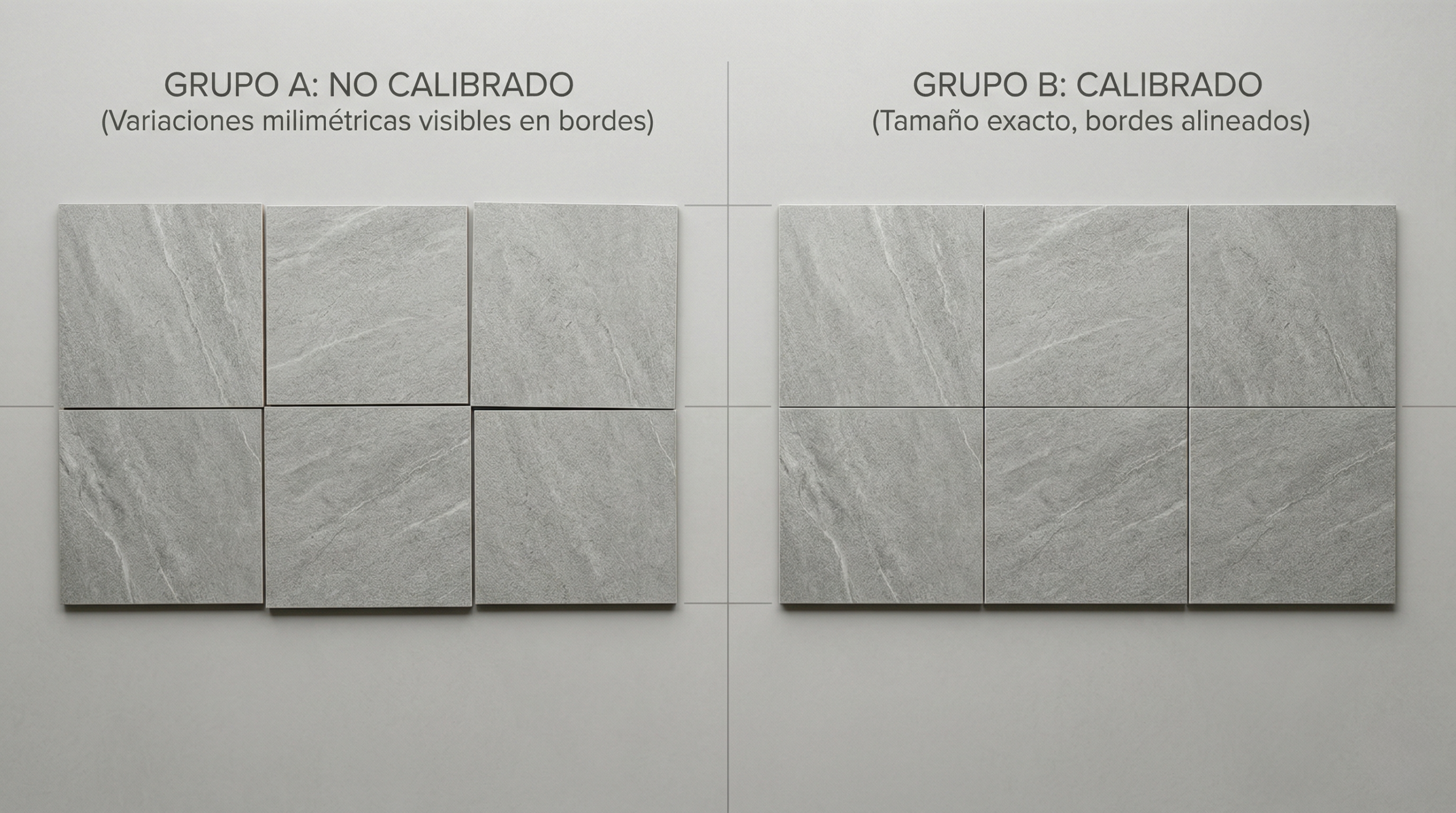 calibrado-porcelanato-diferencias-tamano-clasificacion Piezas de porcelanato con ligeras variaciones de tamaño agrupadas por calibre mostrando el proceso de calibrado para instalación uniforme.