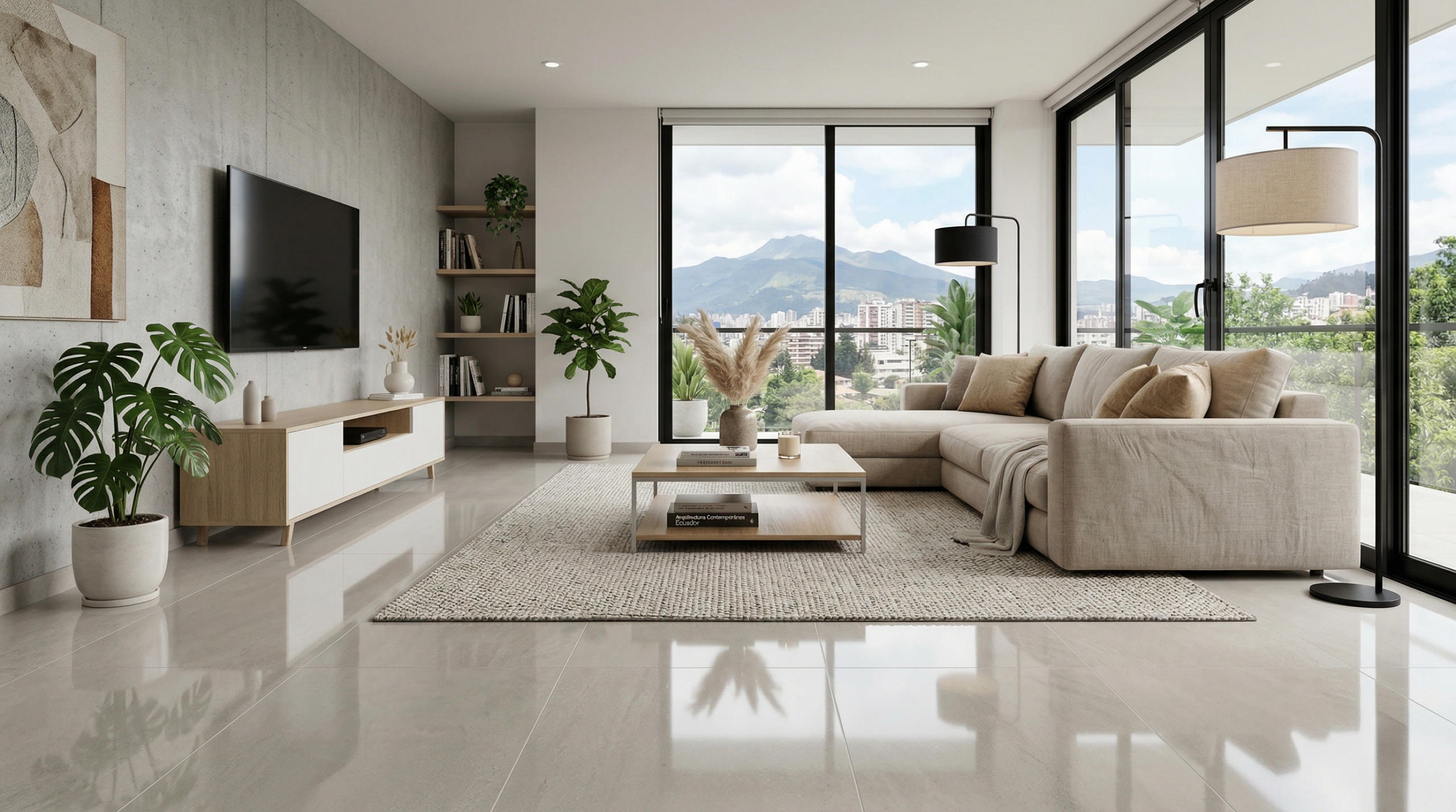 porcelanato-brilloso-luminosidad-acabado Piso de porcelanato brilloso con acabado brillante en interior moderno, aportando luminosidad y fácil mantenimiento.