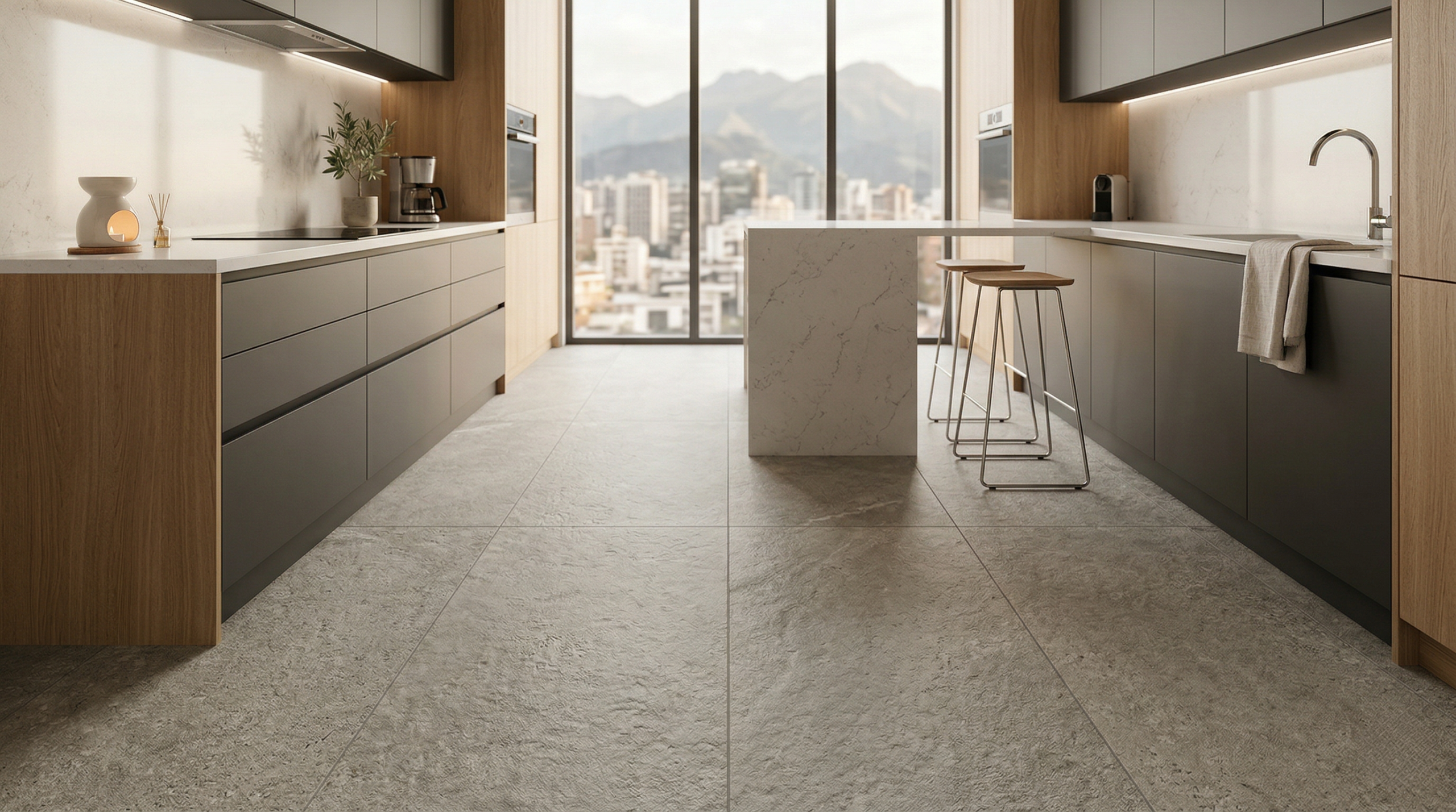 porcelanato-mate-antideslizante-textura-natural Piso de porcelanato mate con textura natural y acabado antideslizante en cocina moderna, ideal para espacios seguros y funcionales.
