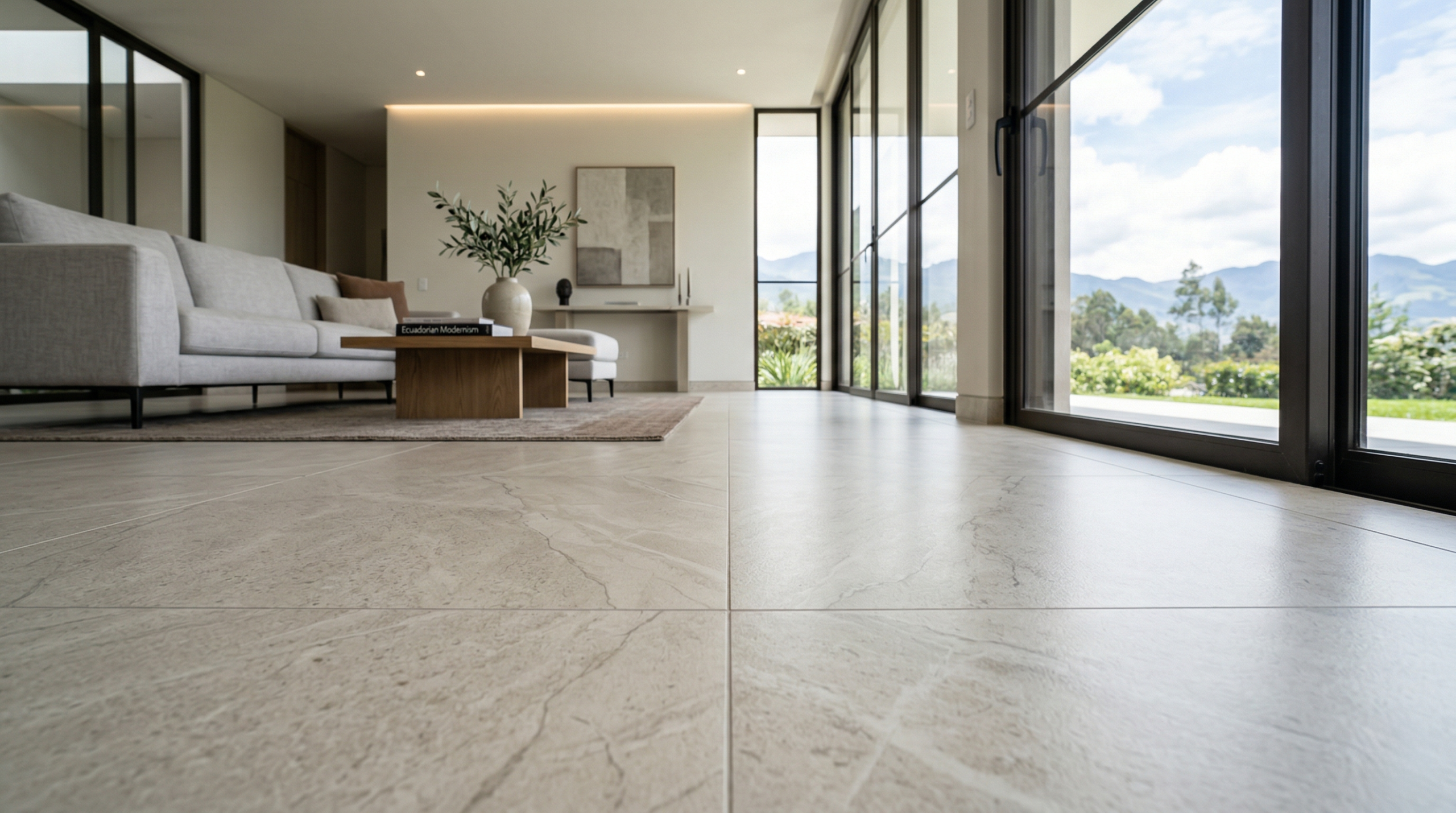 porcelanato-rectificado-juntas-minimas-precision-kinara Piso de porcelanato rectificado con juntas mínimas perfectamente alineadas en interior moderno, mostrando precisión y acabado premium en diseño arquitectónico.