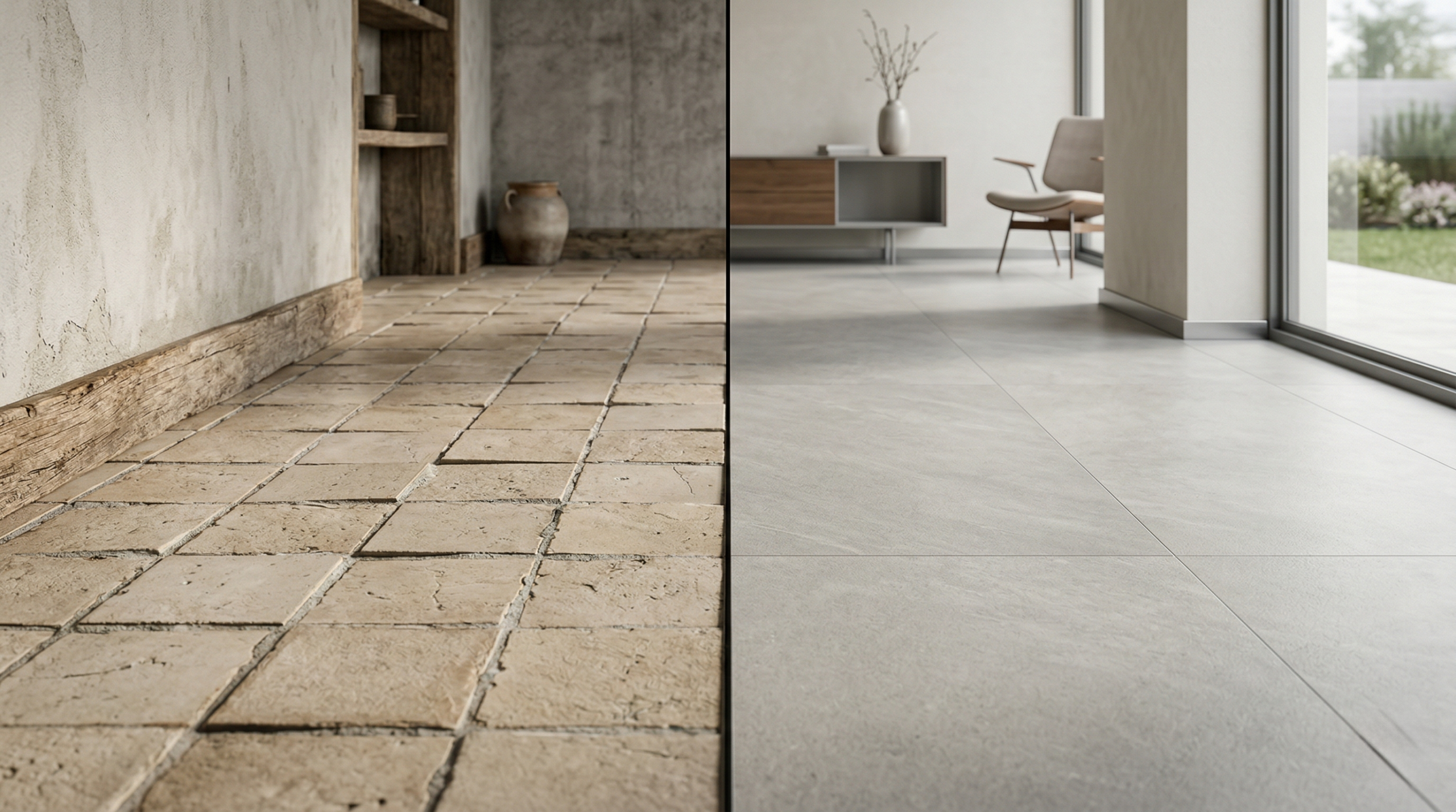 porcelanato-rectificado-vs-mal-instalado-comparacion-kinara Diferencia entre porcelanato rectificado, calibrado y monocalibre mostrando bordes rectos, piezas clasificadas por tamaño y uniformidad total en instalación.