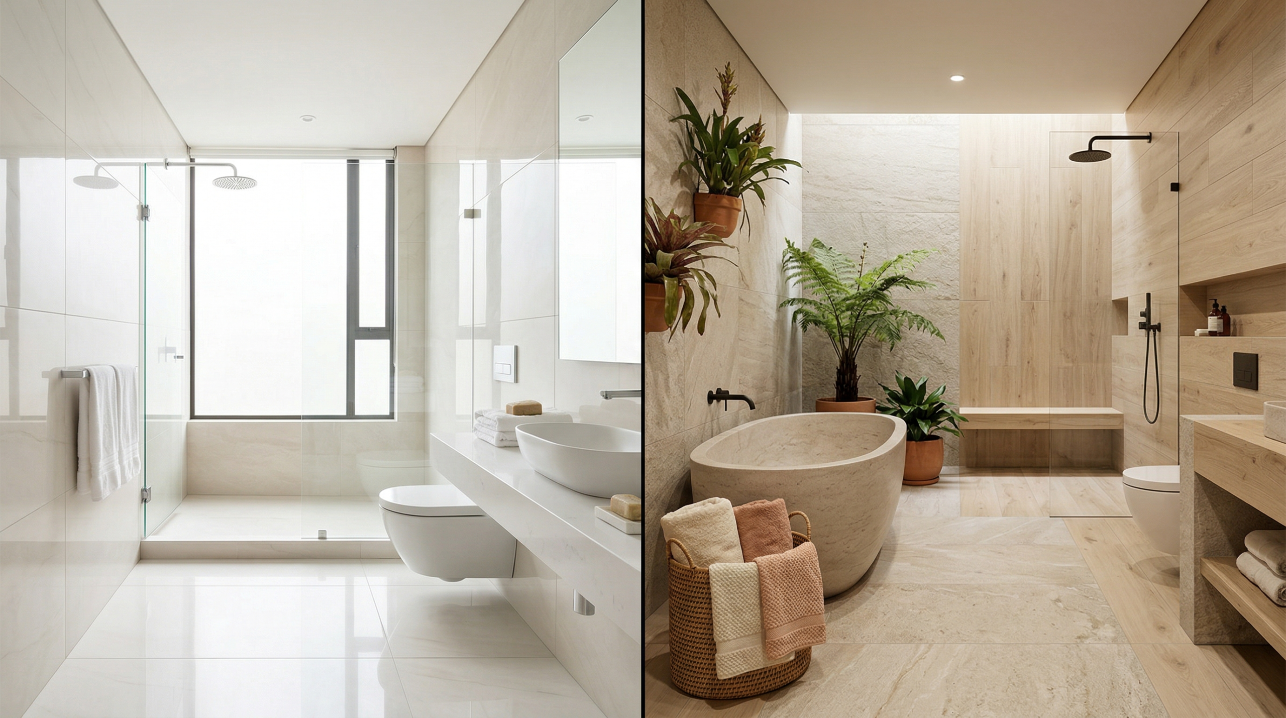 Baño moderno y tipo spa con porcelanato claro y tonos cálidos