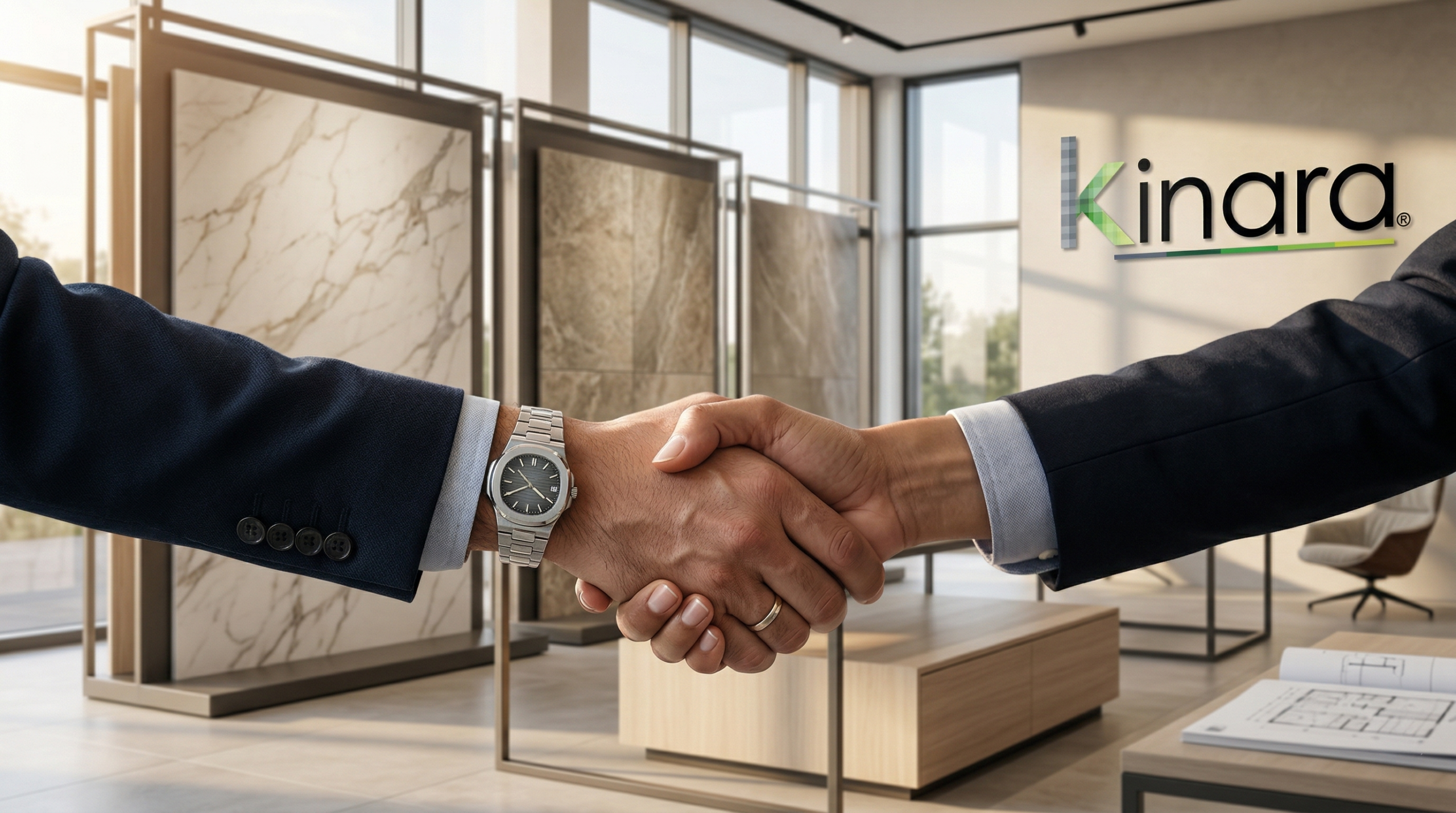 apretón de manos en showroom de porcelanato kinara representando confianza y asesoría profesional