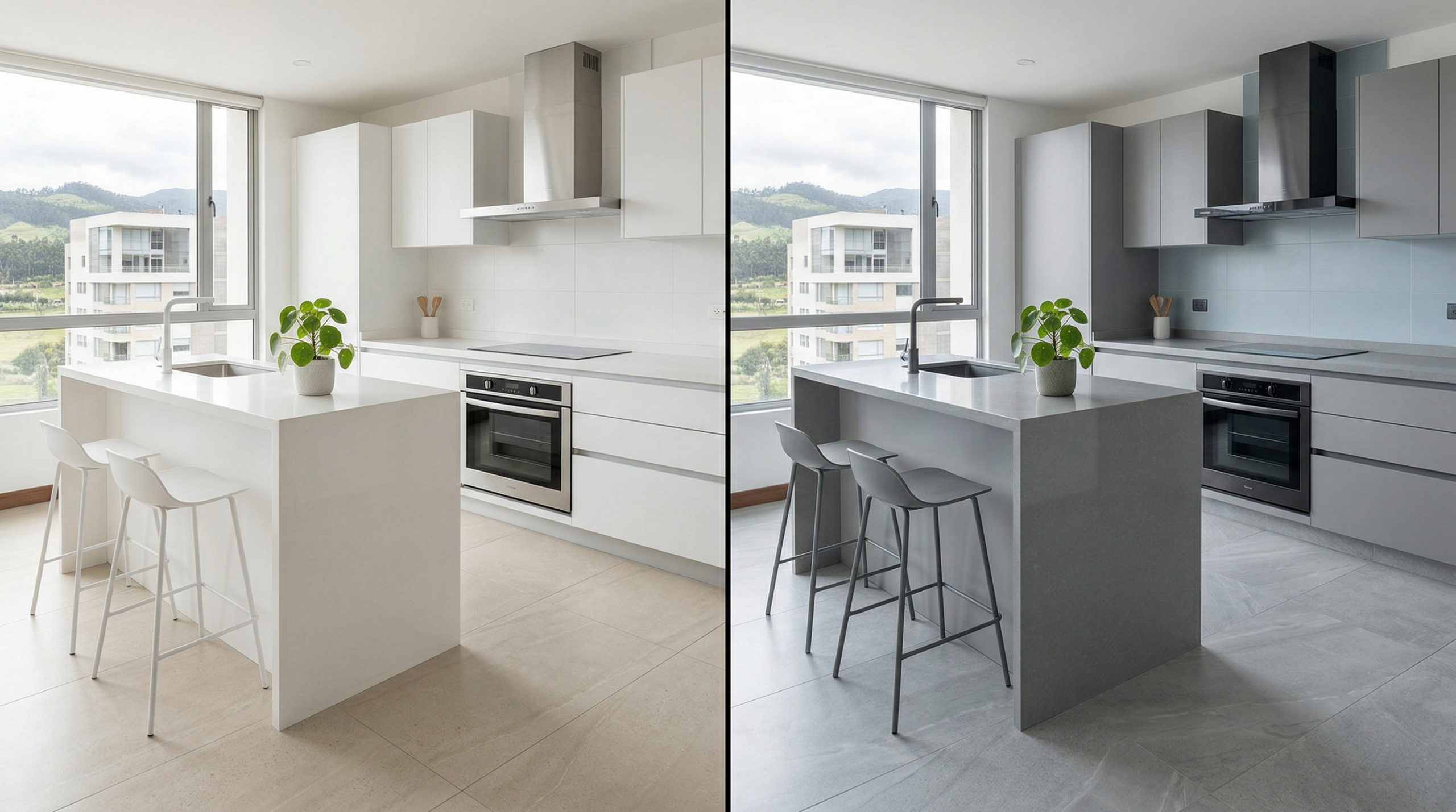 porcelanato en cocina con tonos claros y frios mostrando limpieza y estilo moderno