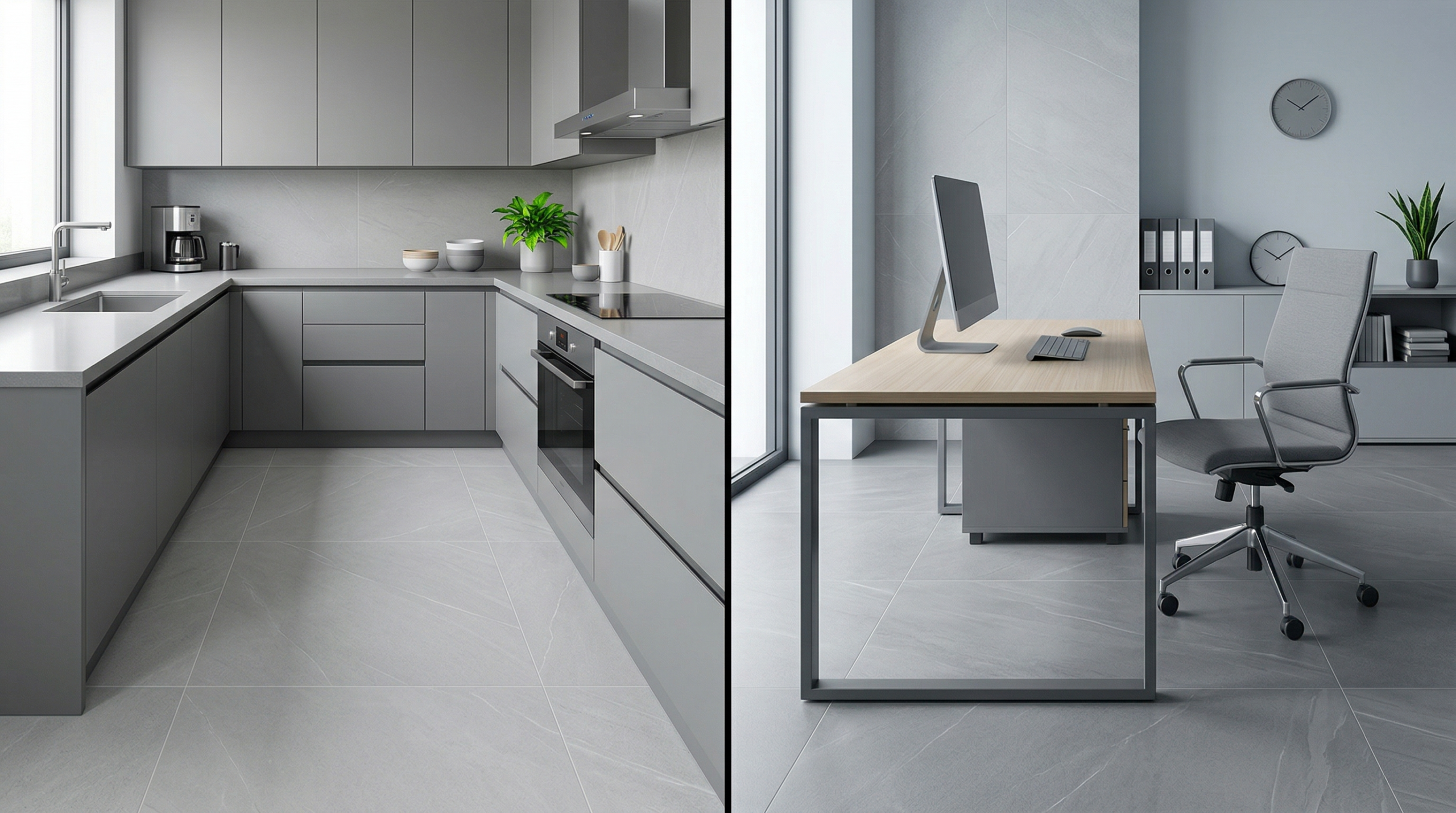 porcelanato en tonos frios en cocina moderna y oficina minimalista con diseño limpio y contemporaneo