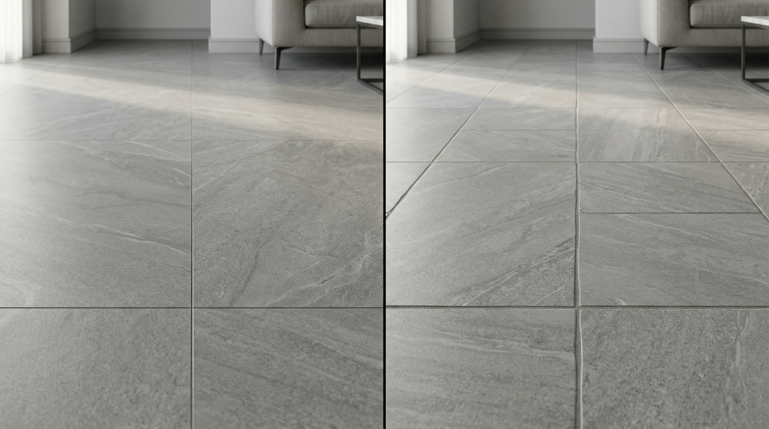 porcelanato rectificado con juntas minimas comparado con porcelanato con juntas visibles y menor precision