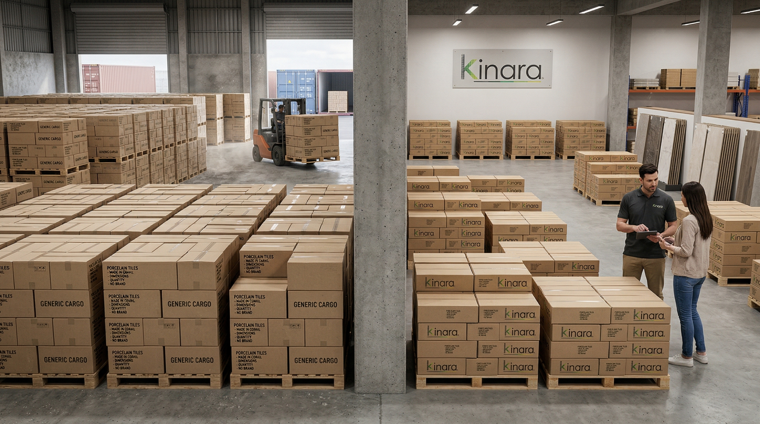 importación de porcelanato gestionada por kinara con pallets organizados y control logístico en bodega