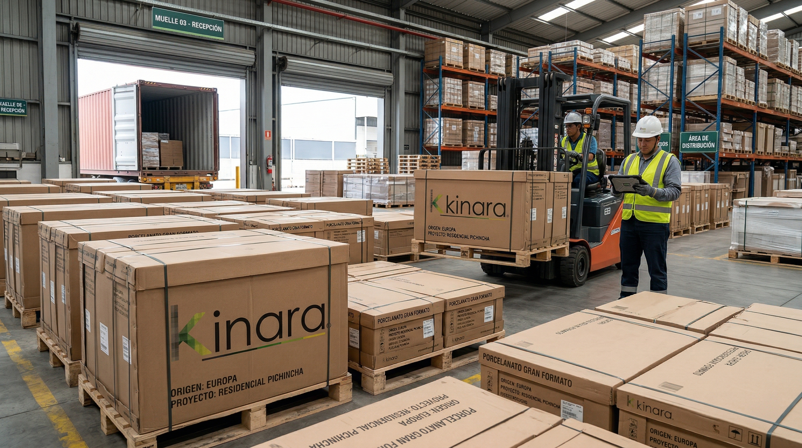 comparación entre importación directa de porcelanato sin marca y compra local con kinara mostrando volumen y disponibilidad