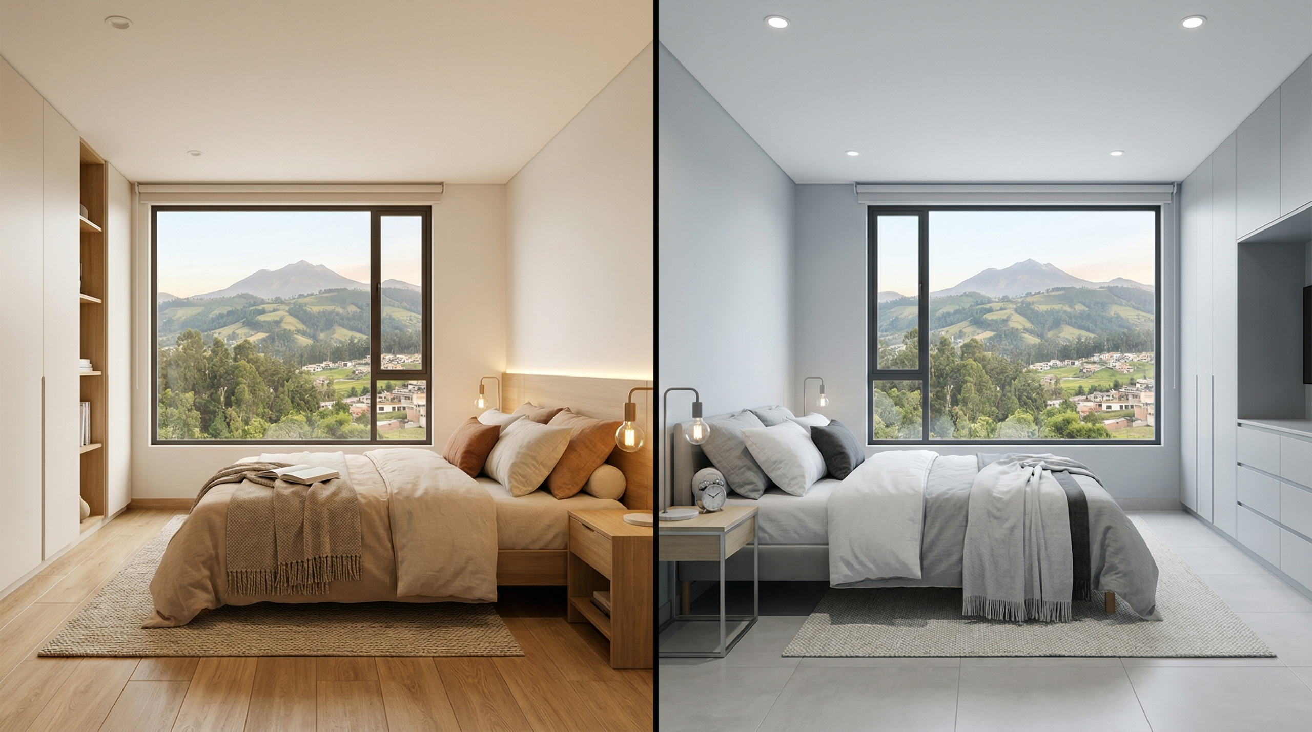 porcelanato en dormitorio con tonos calidos y neutros para confort y descanso visual