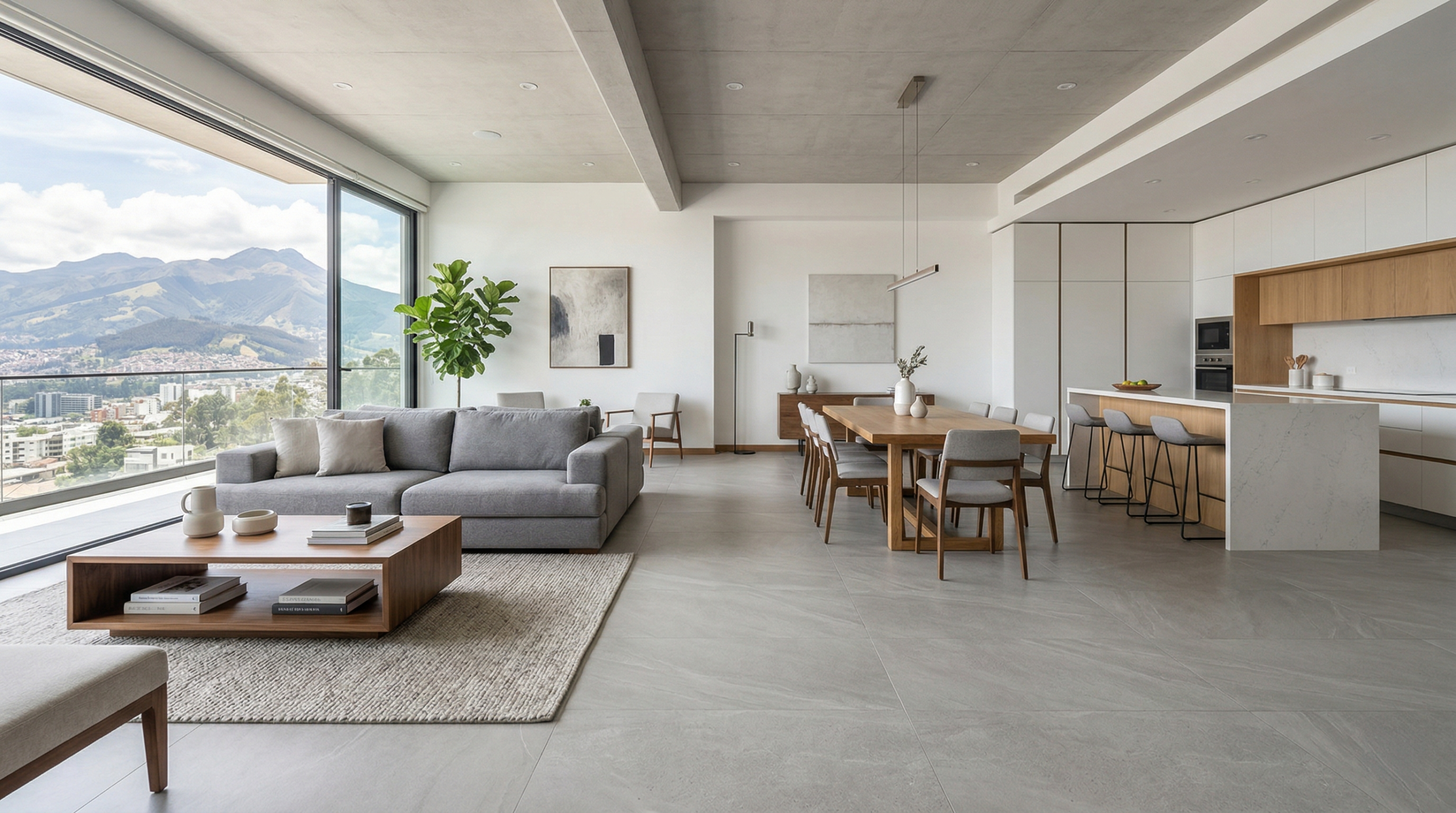 porcelanato en tonos neutros en espacios integrados que permite diseño flexible y atemporal