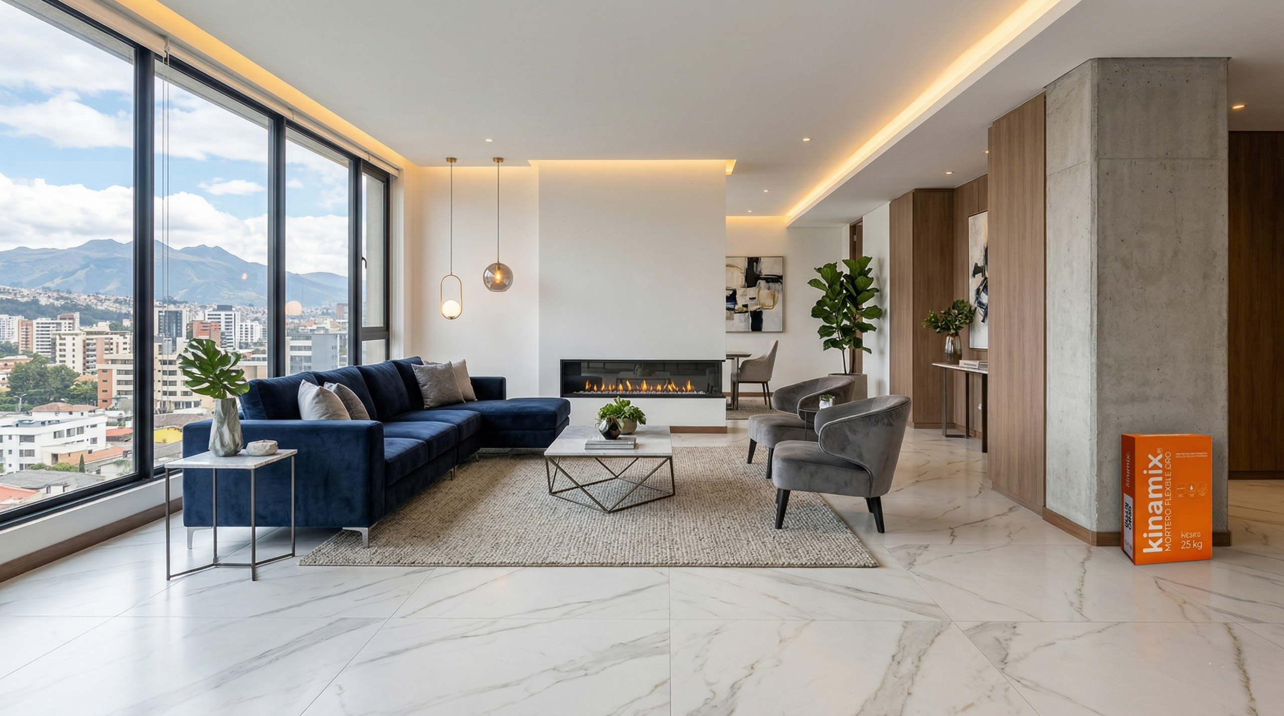 interior moderno con porcelanato de alta calidad y uso de mortero kinamix para instalacion profesional