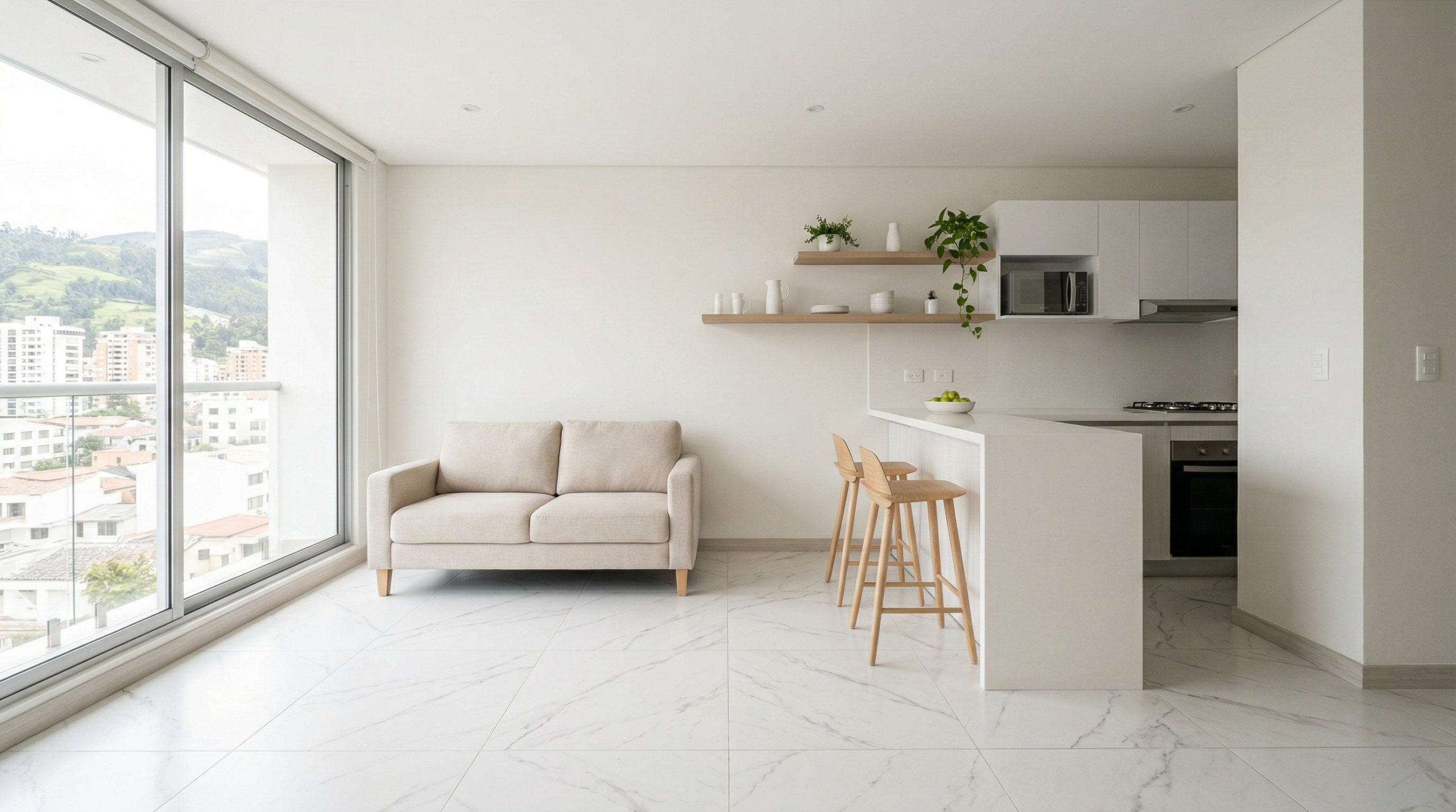 departamento pequeño con porcelanato claro que genera mayor amplitud y luminosidad visual